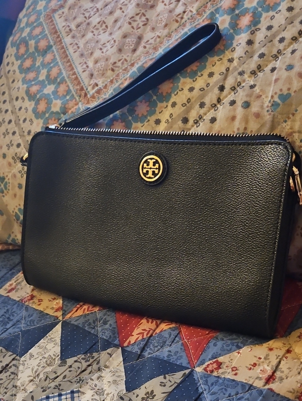 Tory Burch Black Leather Wristlet with Gold Logo Medallion
